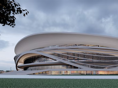 Modern Public Architecture With Sleek Curved Roof Glass Facade And Green Grass Area 3d model