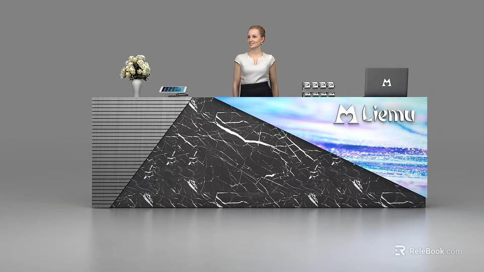 Elegant Black Marble Reception Desk With White Veins Flower Vase Tablet And Liemu Logo 3d model 