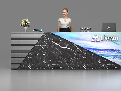 Elegant Black Marble Reception Desk With White Veins Flower Vase Tablet And Liemu Logo 3d model