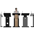 Man Standing Among Various Modern Podiums With Different Colors And Materials 3d model