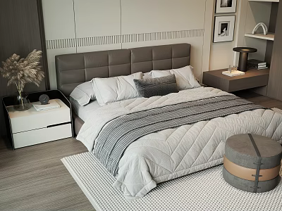 Modern Double Bed with Gray Upholstered Headboard White Gray Bedding Nightstands and Decorative Paintings 3d model