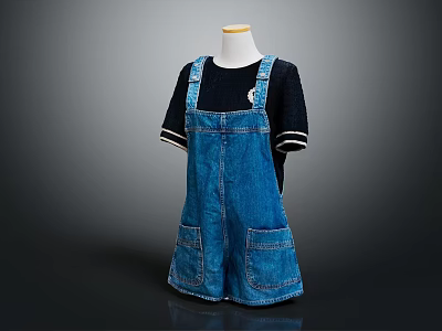 Blue Denim Overalls Shorts With Black T-shirt White Striped Cuffs And Pockets 3d model