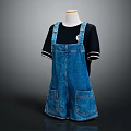 Blue Denim Overalls Shorts With Black T-shirt White Striped Cuffs And Pockets