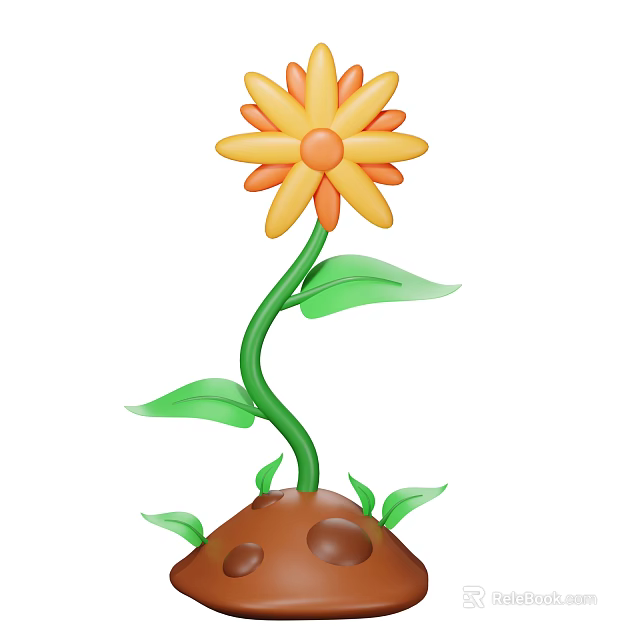 Cartoon Plant With Yellow Orange Flower Green Stem Leaves In Brown Soil 3d model 