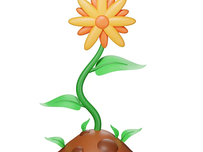 Cartoon Plant With Yellow Orange Flower Green Stem Leaves In Brown Soil 3d model