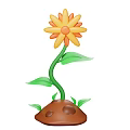 Cartoon Plant With Yellow Orange Flower Green Stem Leaves In Brown Soil