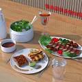Fresh Delicious Grilled Meat Salad And Fried Items With Sauce On Dining Table