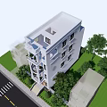 White Multi Story Detached Villa With Ornate Details Balconies Front Steps And Green Plants