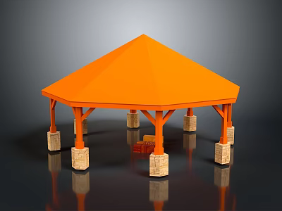 Orange Octagonal Outdoor Pavilion With Stone Columns And Reflective Ground Surface 3d model