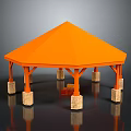 Orange Octagonal Outdoor Pavilion With Stone Columns And Reflective Ground Surface