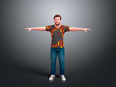 A Man With Arms Outstretched Wearing Flame T-Shirt Blue Jeans White Shoes On Gray Background 3d model