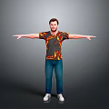 A Man With Arms Outstretched Wearing Flame T-Shirt Blue Jeans White Shoes On Gray Background