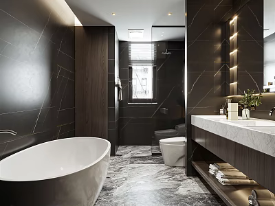 Modern Bathroom Interior Design With Black Tiled Walls White Bathtub Toilet And Marble Countertop Vanity 3d model