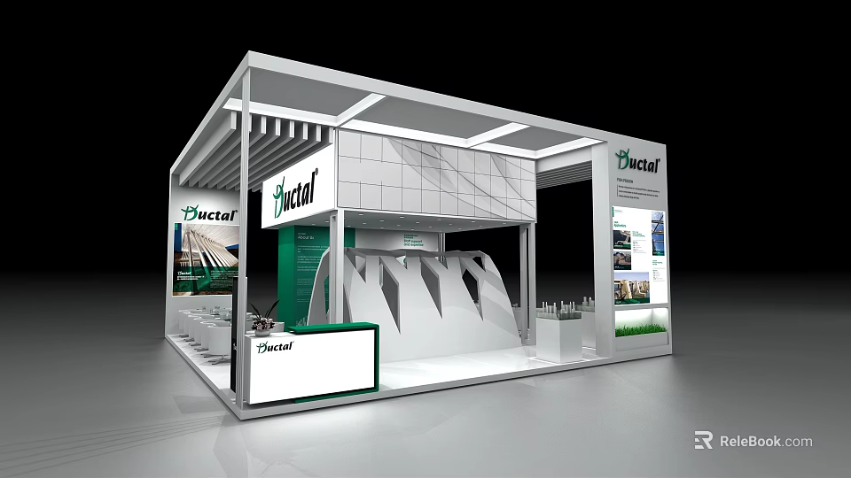 Dicalf Modern Exhibition Booth With White Green Design Elements And Brand Signage 3d model 