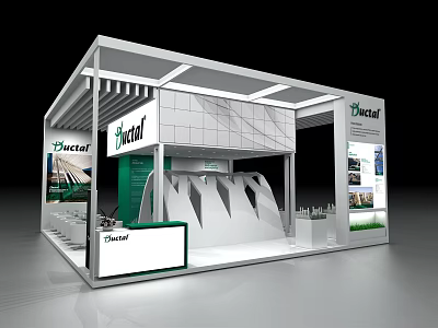 Dicalf Modern Exhibition Booth With White Green Design Elements And Brand Signage 3d model