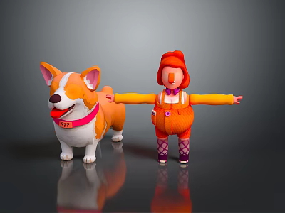 Cute Plush Corgi Doll With Pink Collar And Humanoid Toy In Orange Overalls 3d model