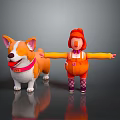 Cute Plush Corgi Doll With Pink Collar And Humanoid Toy In Orange Overalls