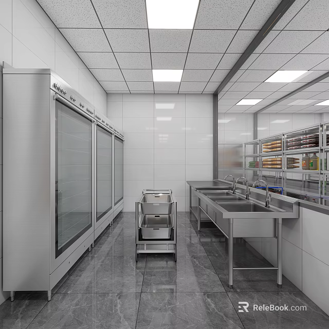 Commercial Kitchen With Stainless Steel Refrigerators Worktables Sinks White Tiled Walls And Metal Shelving Racks 3d model 