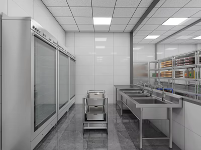 Commercial Kitchen With Stainless Steel Refrigerators Worktables Sinks White Tiled Walls And Metal Shelving Racks 3d model
