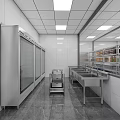 Commercial Kitchen With Stainless Steel Refrigerators Worktables Sinks White Tiled Walls And Metal Shelving Racks