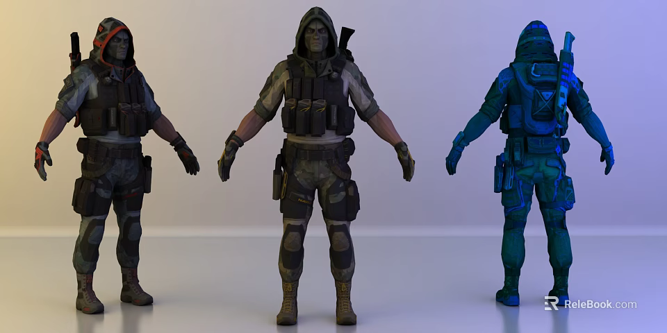 Three Game Movie Character 3D Models With Tactical Gear And Various Color Schemes 3d model 