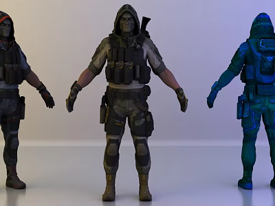 Three Game Movie Character 3D Models With Tactical Gear And Various Color Schemes 3d model