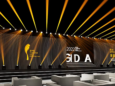 2022 BIDA Event Stage With Yellow Light Beams Trophy Logo Background And Seats 3d model