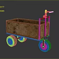 Wooden Cart with Red Frame Handle Worn Body and Four Wheels Vintage Style