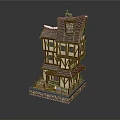 Medieval Multi Story Building With Wooden Frame Gabled Roof Stone Base And Lit Windows