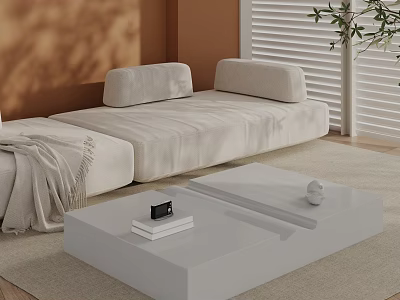 Modern White Coffee Table with Beige Sofa on Neutral Rug in Living Room 3d model