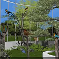 White Birdcage Art Installation Placed On Green Grass Field With Small Trees