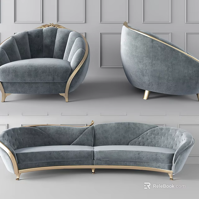 Gray Velvet Sofa Set With Golden Metal Frame And Curved Design Two Seater Armchairs 3d model 