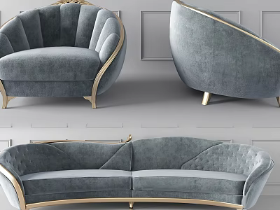 Gray Velvet Sofa Set With Golden Metal Frame And Curved Design Two Seater Armchairs 3d model