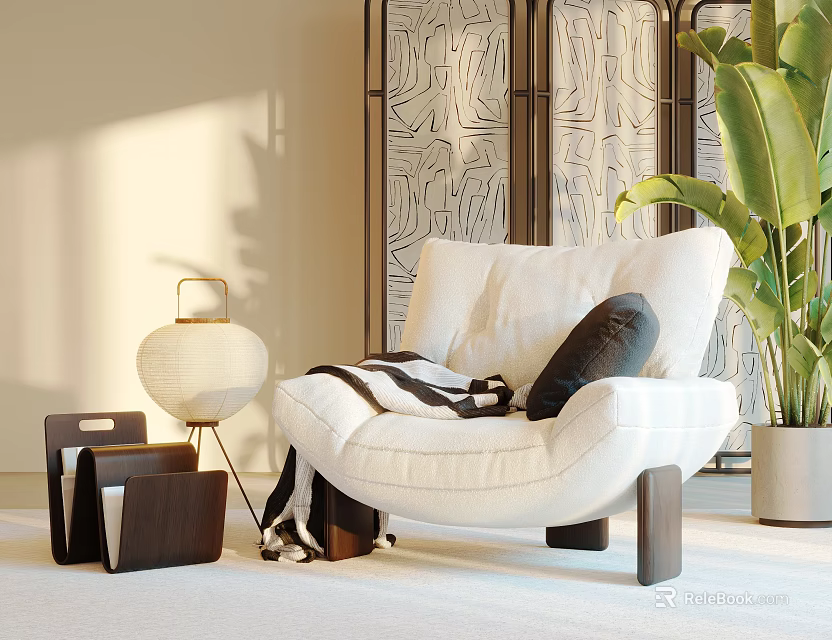 White Single Sofa With Black Pillow Striped Blanket Wooden Table Lantern Lamp And Geometric Screen 3d model 