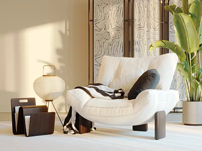 White Single Sofa With Black Pillow Striped Blanket Wooden Table Lantern Lamp And Geometric Screen 3d model