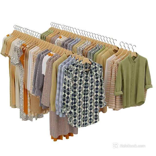Assorted Clothes Hanging On Wooden Racks With Various Patterns Colors And Styles Including Shirts Dresses 3d model 