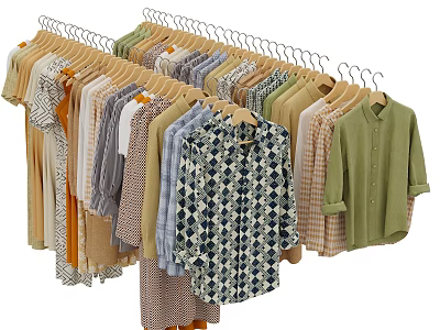 Assorted Clothes Hanging On Wooden Racks With Various Patterns Colors And Styles Including Shirts Dresses 3d model