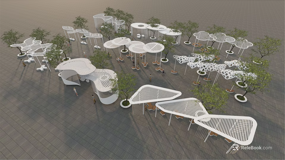 Modern White Pergola with Geometric Design Surrounded by Trees on Paved Outdoor Leisure Area 3d model 