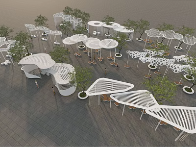 Modern White Pergola with Geometric Design Surrounded by Trees on Paved Outdoor Leisure Area 3d model
