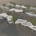 Modern White Pergola with Geometric Design Surrounded by Trees on Paved Outdoor Leisure Area