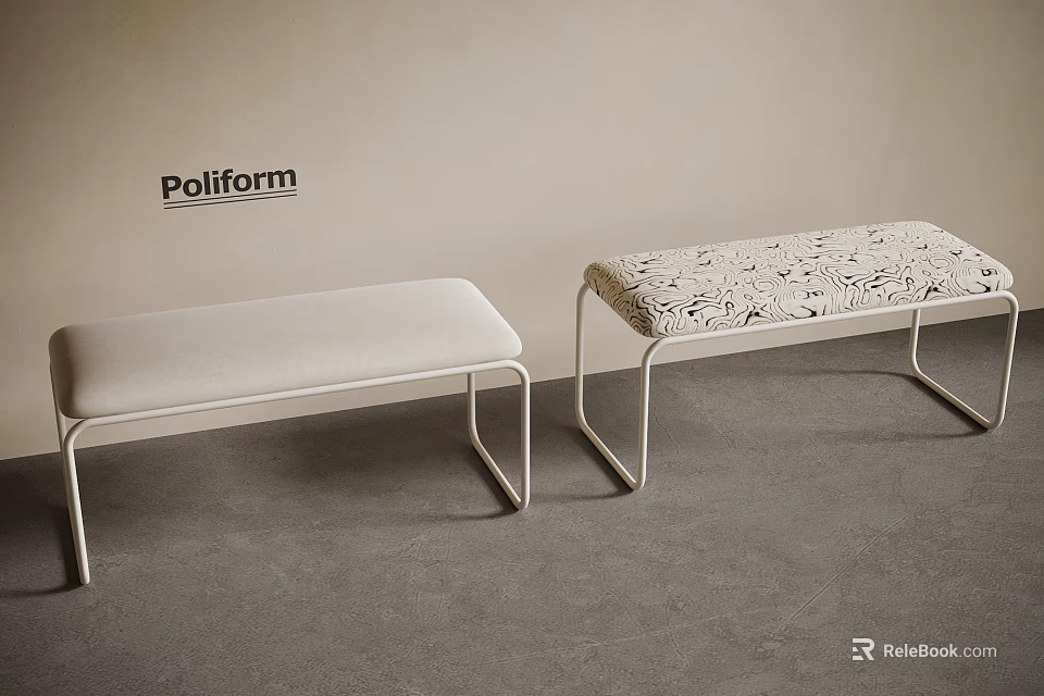 Poliform Modern Benches With Light And Patterned Upholstered Seats And Metal Frames 3d model