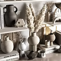 Modern Minimalist Decorative Ornaments Set With Vases Dried Pampas Sculptures And Books On Shelves