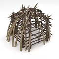 Stone And Wood Dome Shaped Shelter Structure Built Using Natural Tree Branches 3d model