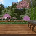 Natural Garden Landscape With Wooden Deck Greenery Wall Purple Flowers And Wooden Benches
