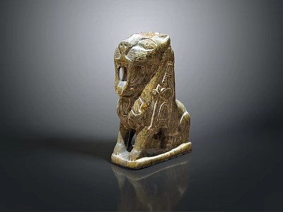 Ancient Sitting Stone Lion Statue With Intricate Carved Details And Dark Background 3d model