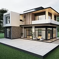 Modern Single Family House Exterior With Large Windows Terrace Green Lawn And Trees