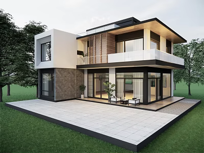 Modern Single Family House Exterior With Large Windows Terrace Green Lawn And Trees 3d model