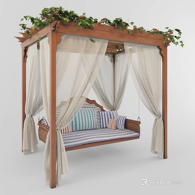 Wooden Swing Chair With Canopy Green Vines And Striped Cushions White Curtains 3d model 