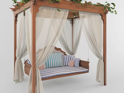 Wooden Swing Chair With Canopy Green Vines And Striped Cushions White Curtains 3d model