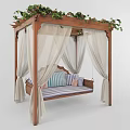 Wooden Swing Chair With Canopy Green Vines And Striped Cushions White Curtains